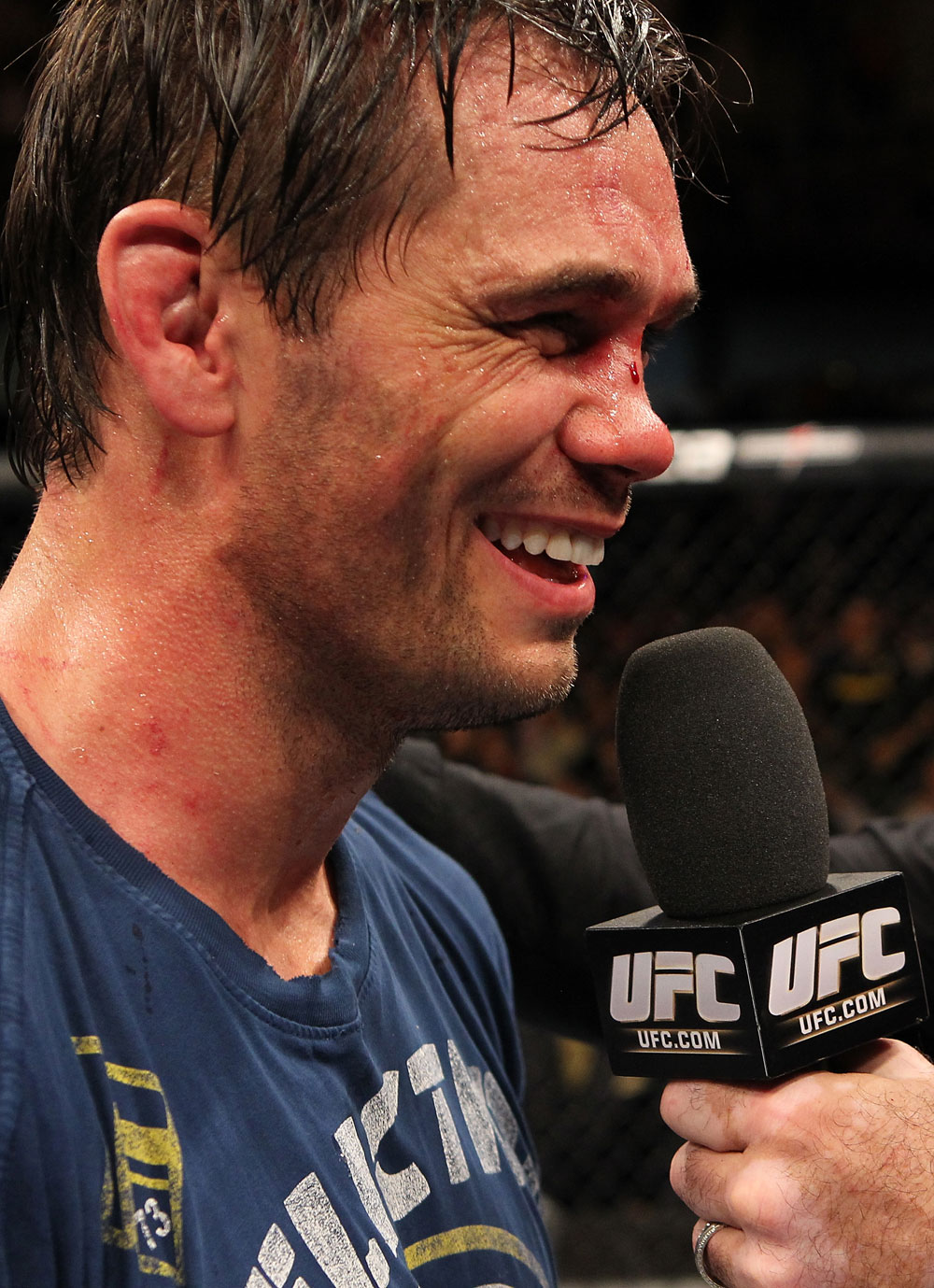 BELO HORIZONTE, BRAZIL - JUNE 23: Rich Franklin is interviewed after defeating Wanderlei Silva during their UFC 147 catchweight bout at Estadio Jornalista Felipe Drummond on June 23, 2012 in Belo Horizonte, Brazil. (Photo by Josh Hedges/Zuffa LLC/Zuffa LLC via Getty Images)