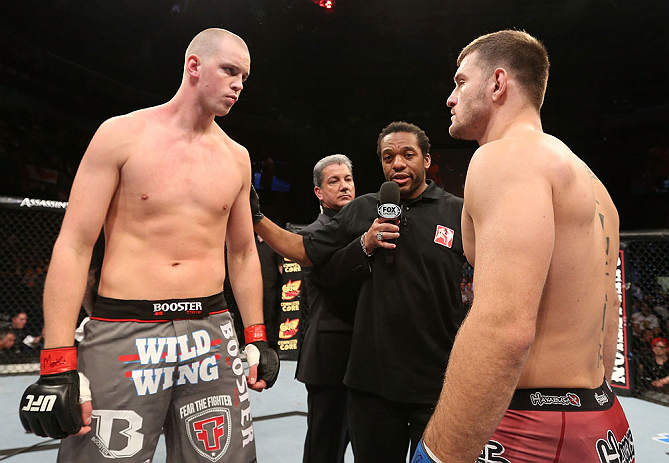 NOTTINGHAM, ENGLAND - SEPTEMBER 29: Opponents Strefan Struve (L) and Stipe Miocic (R) receive final instructions from referee Herb Dean before their heavyweight fight at the UFC on Fuel TV event at Capital FM Arena on September 29, 2012 in Nottingham, England. (Photo by Josh Hedges/Zuffa LLC/Zuffa LLC via Getty Images)