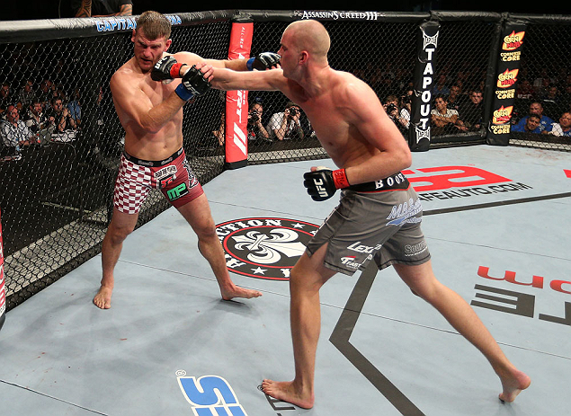 NOTTINGHAM, ENGLAND - SEPTEMBER 29: (R-L) Strefan Struve punches Stipe Miocic during their heavyweight fight at the UFC on Fuel TV event at Capital FM Arena on September 29, 2012 in Nottingham, England. (Photo by Josh Hedges/Zuffa LLC/Zuffa LLC via Getty Images)