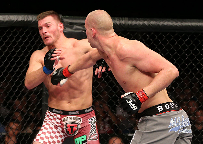 NOTTINGHAM, ENGLAND - SEPTEMBER 29: (R-L) Strefan Struve punches Stipe Miocic during their heavyweight fight at the UFC on Fuel TV event at Capital FM Arena on September 29, 2012 in Nottingham, England. (Photo by Josh Hedges/Zuffa LLC/Zuffa LLC via Getty Images)