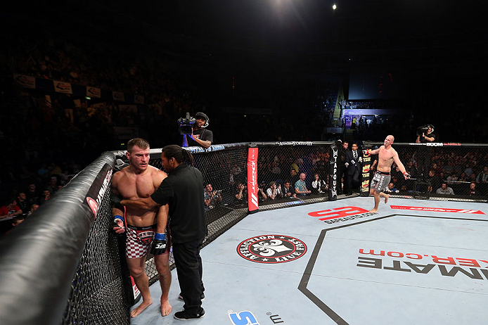 NOTTINGHAM, ENGLAND - SEPTEMBER 29: Strefan Struve (R) reacts after knocking out Stipe Miocic during their heavyweight fight at the UFC on Fuel TV event at Capital FM Arena on September 29, 2012 in Nottingham, England. (Photo by Josh Hedges/Zuffa LLC/Zuffa LLC via Getty Images)