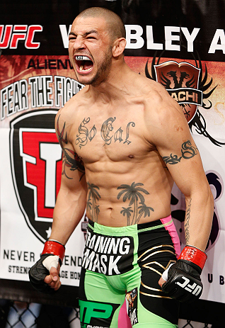 LONDON, ENGLAND - FEBRUARY 16: Cub Swanson stands in the Octagon before his featherweight fight against Dustin Poirier during the UFC on Fuel TV event on February 16, 2013 at Wembley Arena in London, England. (Photo by Josh Hedges/Zuffa LLC/Zuffa LLC via Getty Images)