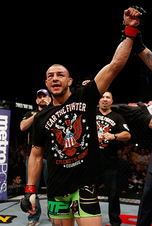 LONDON, ENGLAND - FEBRUARY 16: Cub Swanson reacts after defeating Dustin Poirier in their featherweight fight during the UFC on Fuel TV event on February 16, 2013 at Wembley Arena in London, England. (Photo by Josh Hedges/Zuffa LLC/Zuffa LLC via Getty Images)