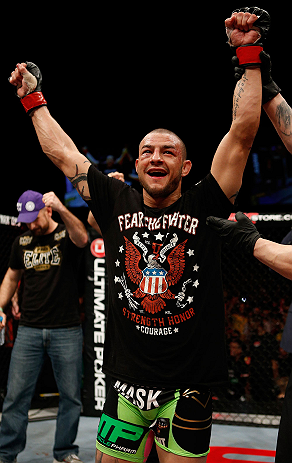 LONDON, ENGLAND - FEBRUARY 16: Cub Swanson reacts after defeating Dustin Poirier in their featherweight fight during the UFC on Fuel TV event on February 16, 2013 at Wembley Arena in London, England. (Photo by Josh Hedges/Zuffa LLC/Zuffa LLC via Getty Images)