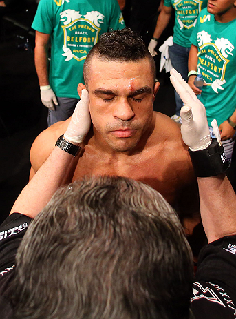 SAO PAULO, BRAZIL - JANUARY 19: Vitor Belfort prepares to enter the Octagon before his middleweight fight against Michael Bisping at the UFC on FX event on January 19, 2013 at Ibirapuera Gymnasium in Sao Paulo, Brazil. (Photo by Josh Hedges/Zuffa LLC/Zuffa LLC via Getty Images)