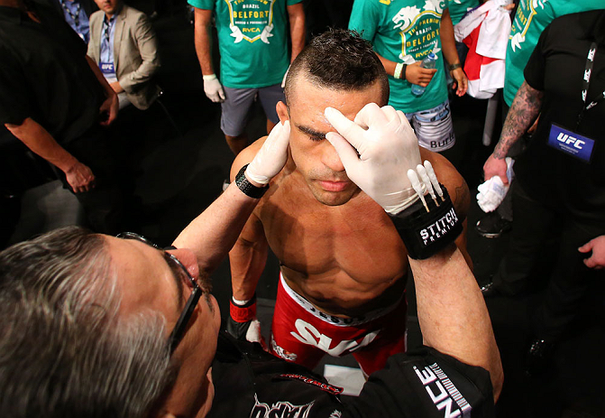 SAO PAULO, BRAZIL - JANUARY 19: Vitor Belfort prepares to enter the Octagon before his middleweight fight against Michael Bisping at the UFC on FX event on January 19, 2013 at Ibirapuera Gymnasium in Sao Paulo, Brazil. (Photo by Josh Hedges/Zuffa LLC/Zuffa LLC via Getty Images)