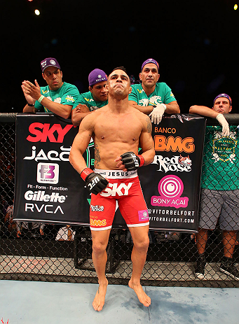 SAO PAULO, BRAZIL - JANUARY 19: Vitor Belfort stands in the Octagon before his middleweight fight against Michael Bisping at the UFC on FX event on January 19, 2013 at Ibirapuera Gymnasium in Sao Paulo, Brazil. (Photo by Josh Hedges/Zuffa LLC/Zuffa LLC via Getty Images)