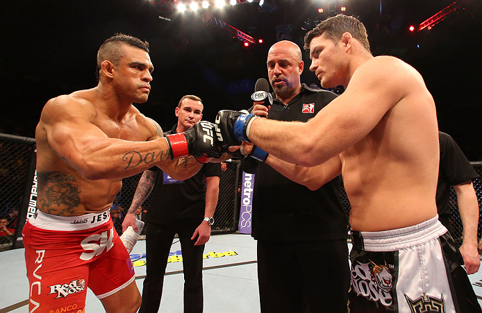 SAO PAULO, BRAZIL - JANUARY 19: (L-R) Opponents Vitor Belfort and Michael Bisping face off before their middleweight fight at the UFC on FX event on January 19, 2013 at Ibirapuera Gymnasium in Sao Paulo, Brazil. (Photo by Josh Hedges/Zuffa LLC/Zuffa LLC via Getty Images)