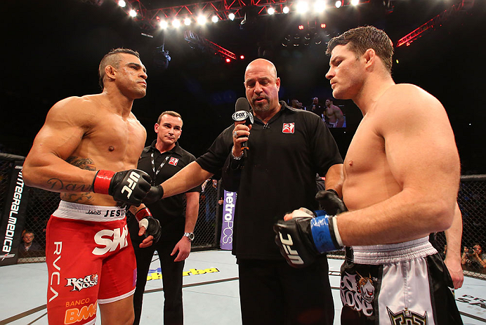 SAO PAULO, BRAZIL - JANUARY 19: (L-R) Opponents Vitor Belfort and Michael Bisping face off before in their middleweight fight at the UFC on FX event on January 19, 2013 at Ibirapuera Gymnasium in Sao Paulo, Brazil. (Photo by Josh Hedges/Zuffa LLC/Zuffa LLC via Getty Images)