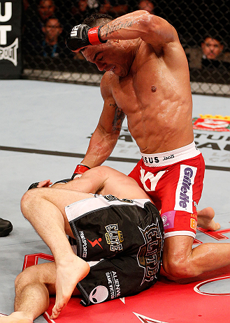 SAO PAULO, BRAZIL - JANUARY 19: Vitor Belfort (top) punches down at Michael Bisping in their middleweight fight at the UFC on FX event on January 19, 2013 at Ibirapuera Gymnasium in Sao Paulo, Brazil. (Photo by Josh Hedges/Zuffa LLC/Zuffa LLC via Getty Images)