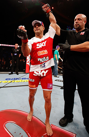SAO PAULO, BRAZIL - JANUARY 19: Vitor Belfort reacts after knocking out Michael Bisping in their middleweight fight at the UFC on FX event on January 19, 2013 at Ibirapuera Gymnasium in Sao Paulo, Brazil. (Photo by Josh Hedges/Zuffa LLC/Zuffa LLC via Getty Images)