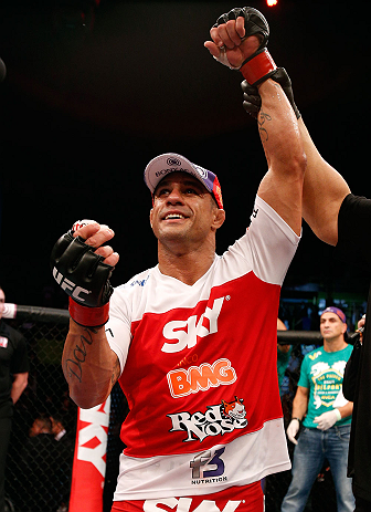 SAO PAULO, BRAZIL - JANUARY 19: Vitor Belfort reacts after knocking out Michael Bisping in their middleweight fight at the UFC on FX event on January 19, 2013 at Ibirapuera Gymnasium in Sao Paulo, Brazil. (Photo by Josh Hedges/Zuffa LLC/Zuffa LLC via Getty Images)