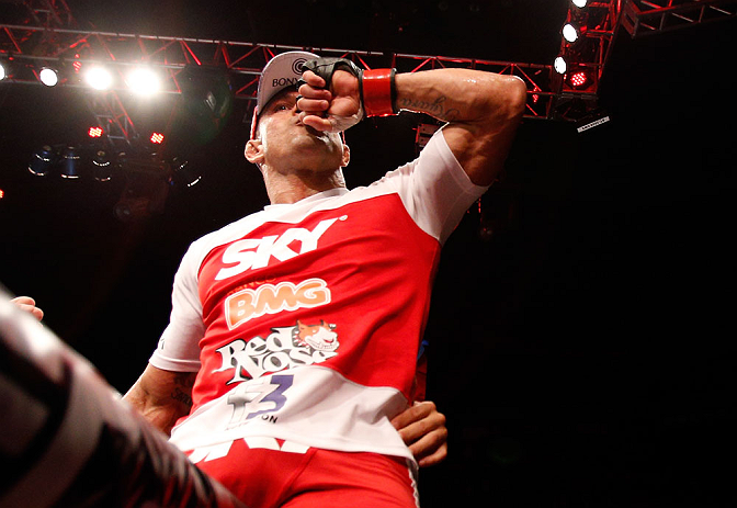 SAO PAULO, BRAZIL - JANUARY 19: Vitor Belfort reacts after knocking out Michael Bisping in their middleweight fight at the UFC on FX event on January 19, 2013 at Ibirapuera Gymnasium in Sao Paulo, Brazil. (Photo by Josh Hedges/Zuffa LLC/Zuffa LLC via Getty Images)