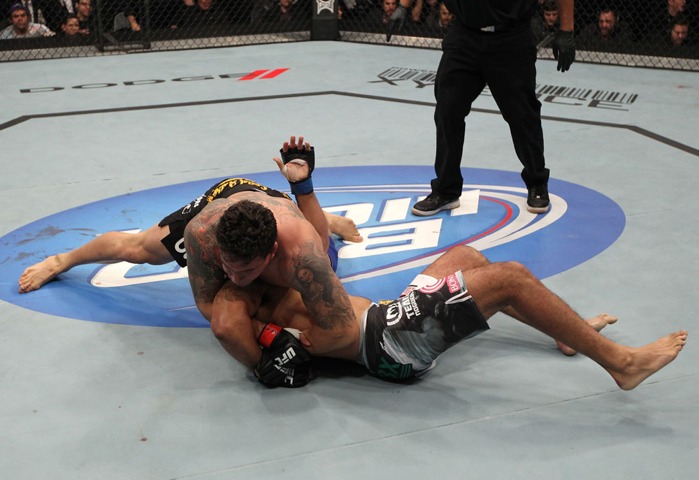 TORONTO, ON - DECEMBER 10:  Frank Mir (top) defeats Antonio Rodrigo Nogueira by TKO due to a separated shoulder from an arm lock during the UFC 140 event at Air Canada Centre on December 10, 2011 in Toronto, Ontario, Canada.  (Photo by Nick Laham/Zuffa LLC/Zuffa LLC via Getty Images)