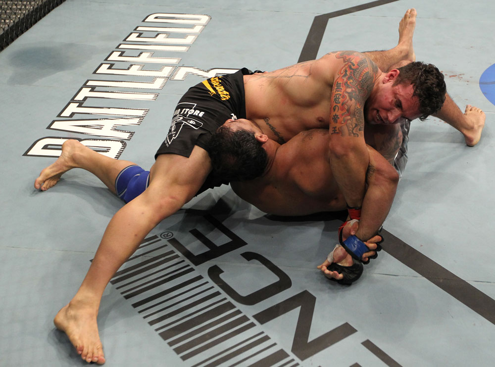 Frank Mir (top) secures an arm lock against Antonio Rodrigo Nogueira during the UFC 140 event at Air Canada Centre on December 10, 2011 in Toronto, ON, Canada. (Photo by Nick Laham/Zuffa LLC)