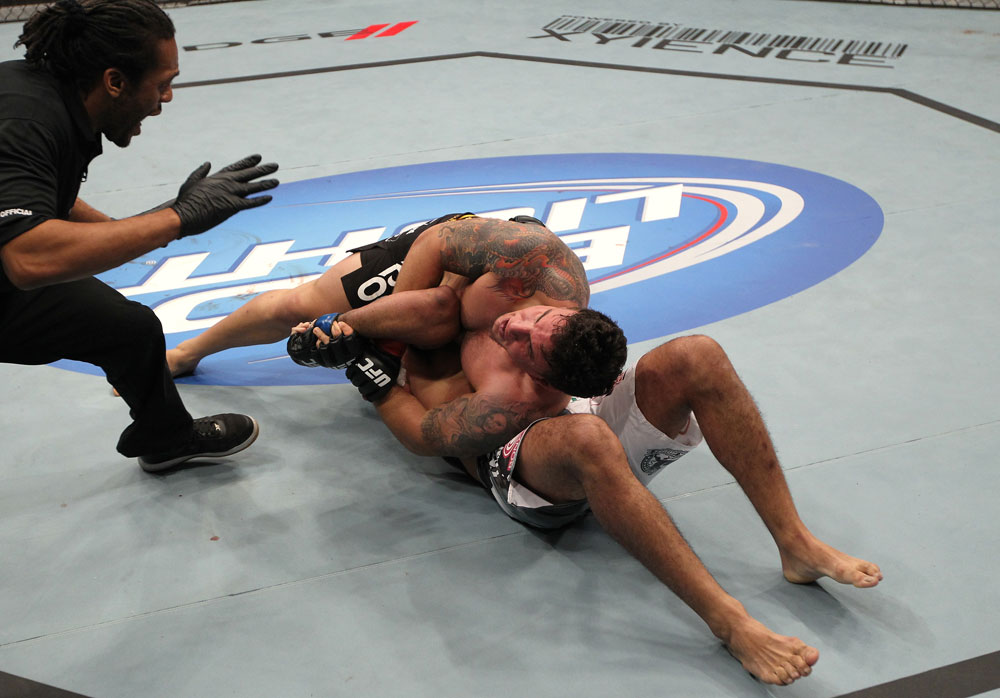 TORONTO, ON - DECEMBER 10:  Frank Mir (top) defeats Antonio Rodrigo Nogueira by TKO due to a separated shoulder from an arm lock during the UFC 140 event at Air Canada Centre on December 10, 2011 in Toronto, Ontario, Canada.  (Photo by Nick Laham/Zuffa LLC/Zuffa LLC via Getty Images)