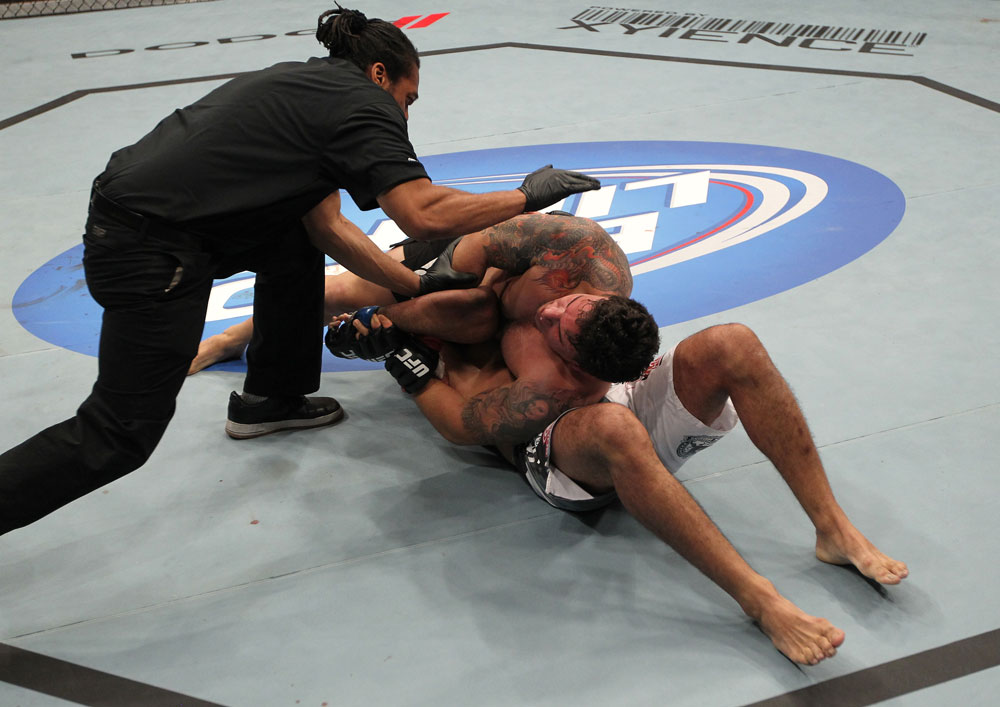TORONTO, ON - DECEMBER 10:  Frank Mir (top) defeats Antonio Rodrigo Nogueira by TKO due to a separated shoulder from an arm lock during the UFC 140 event at Air Canada Centre on December 10, 2011 in Toronto, Ontario, Canada.  (Photo by Nick Laham/Zuffa LLC/Zuffa LLC via Getty Images)