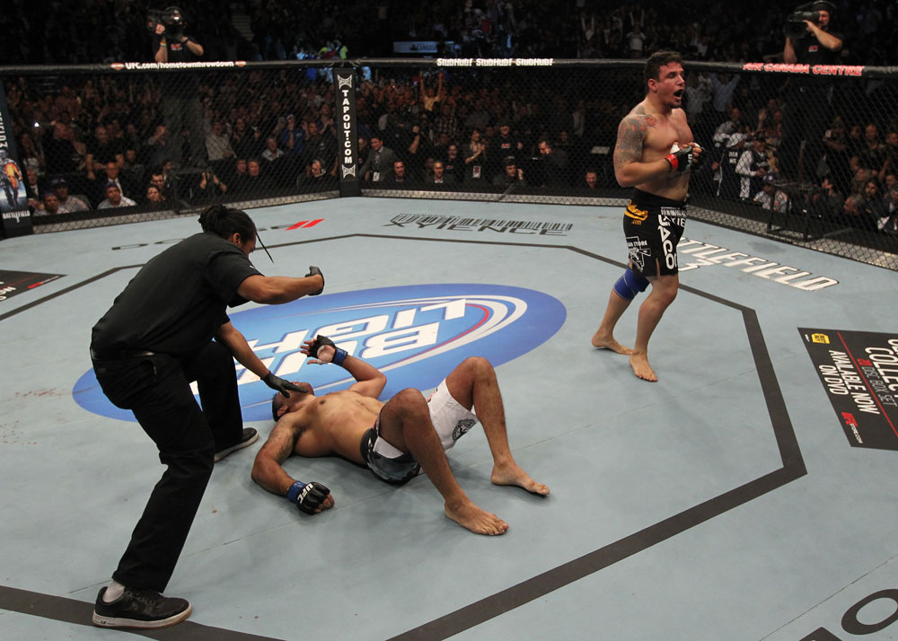 TORONTO, ON - DECEMBER 10:  Frank Mir (R) reacts after defeating Antonio Rodrigo Nogueira by TKO during the UFC 140 event at Air Canada Centre on December 10, 2011 in Toronto, Ontario, Canada.  (Photo by Nick Laham/Zuffa LLC/Zuffa LLC via Getty Images)