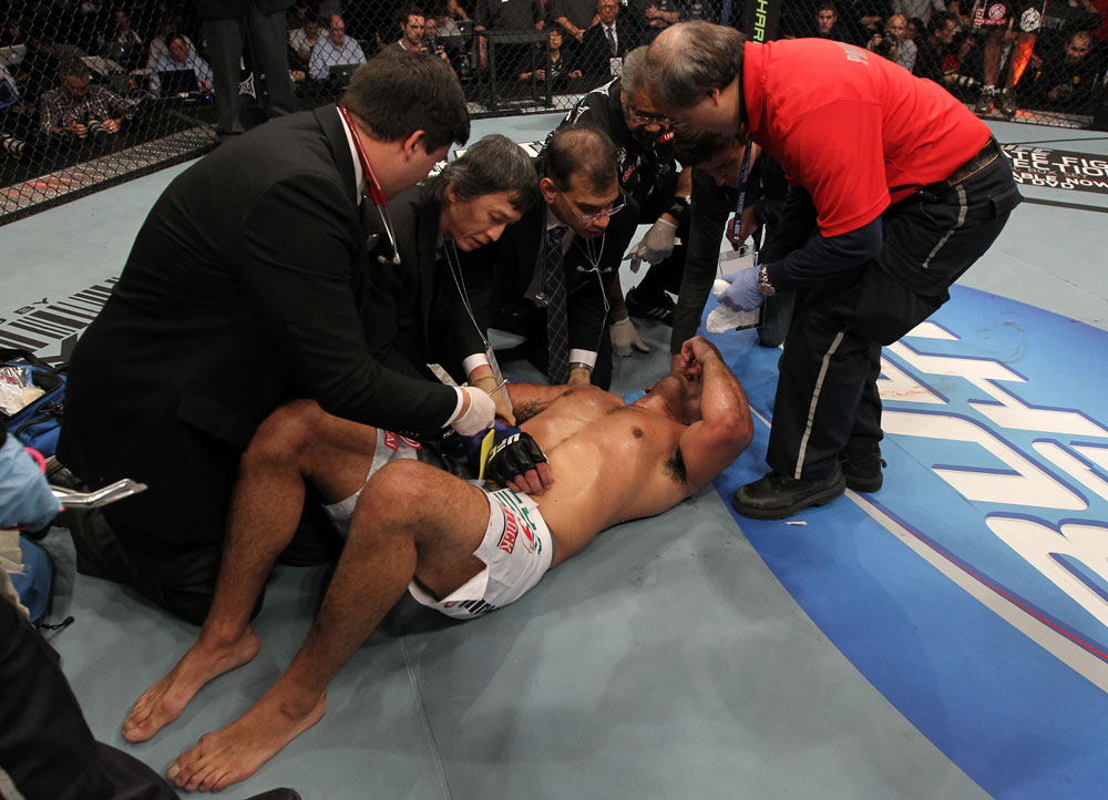 TORONTO, ON - DECEMBER 10:  Antonio Rodrigo Nogueira receives treatment from the doctors after suffering a separated shoulder against Frank Mir during the UFC 140 event at Air Canada Centre on December 10, 2011 in Toronto, Ontario, Canada.  (Photo by Nick Laham/Zuffa LLC/Zuffa LLC via Getty Images)