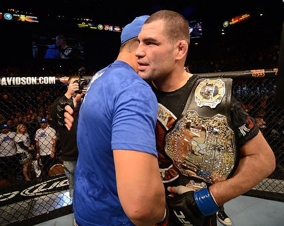LAS VEGAS, NV - DECEMBER 29:  (R-L) Cain Velasquez and Junior dos Santos congratulate eachother after their heavyweight championship fight at UFC 155 on December 29, 2012 at MGM Grand Garden Arena in Las Vegas, Nevada. (Photo by Donald Miralle/Zuffa LLC/Zuffa LLC via Getty Images) *** Local Caption *** Junior dos Santos; Cain Velasquez