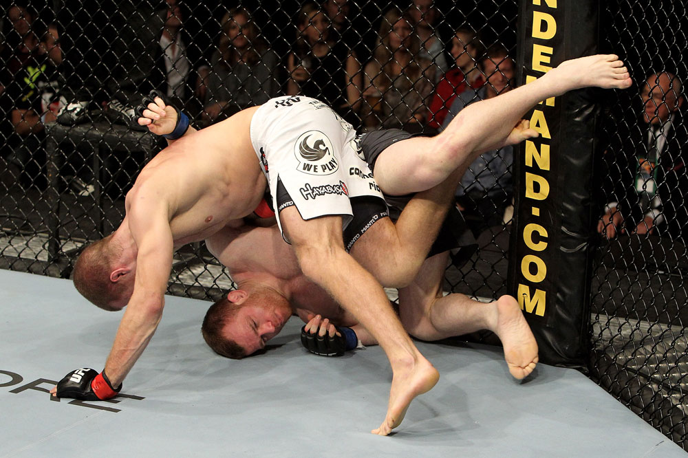 Pascal Krauss of Germany fights Marc Scanlon (R) of the United Kingdom during their UFC Welterweight bout at the Konig Pilsner Arena on November 13, 2010 in Oberhausen, Germany. (Photo by Josh Hedges/Zuffa LLC/Zuffa LLC)
