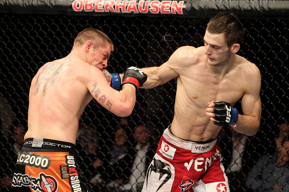 Duane Ludwig (L) of the USA fights Nick Osipczak of the United Kingdom during their UFC Welterweight bout at the Konig Pilsner Arena on November 13, 2010 in Oberhausen, Germany. (Photo by Josh Hedges/Zuffa LLC/Zuffa LLC)