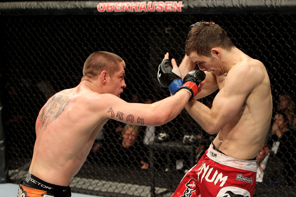 Duane Ludwig (L) of the USA fights Nick Osipczak of the United Kingdom during their UFC Welterweight bout at the Konig Pilsner Arena on November 13, 2010 in Oberhausen, Germany. (Photo by Josh Hedges/Zuffa LLC/Zuffa LLC)