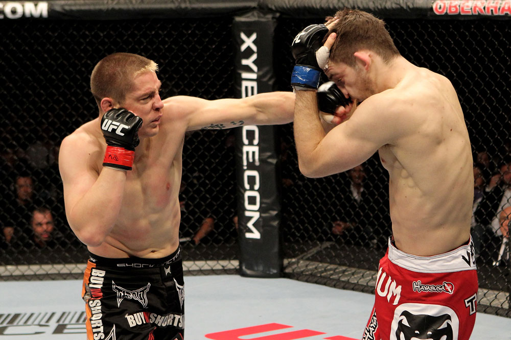 Duane Ludwig (L) of the USA fights Nick Osipczak of the United Kingdom during their UFC Welterweight bout at the Konig Pilsner Arena on November 13, 2010 in Oberhausen, Germany. (Photo by Josh Hedges/Zuffa LLC/Zuffa LLC)