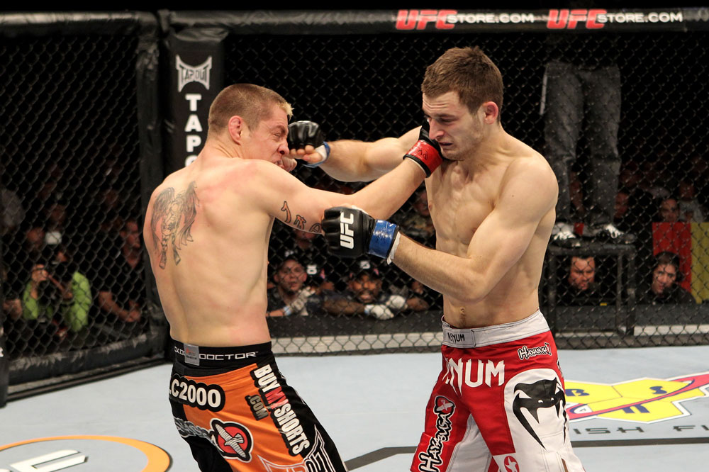 Duane Ludwig (L) of the USA fights Nick Osipczak of the United Kingdom during their UFC Welterweight bout at the Konig Pilsner Arena on November 13, 2010 in Oberhausen, Germany. (Photo by Josh Hedges/Zuffa LLC/Zuffa LLC)