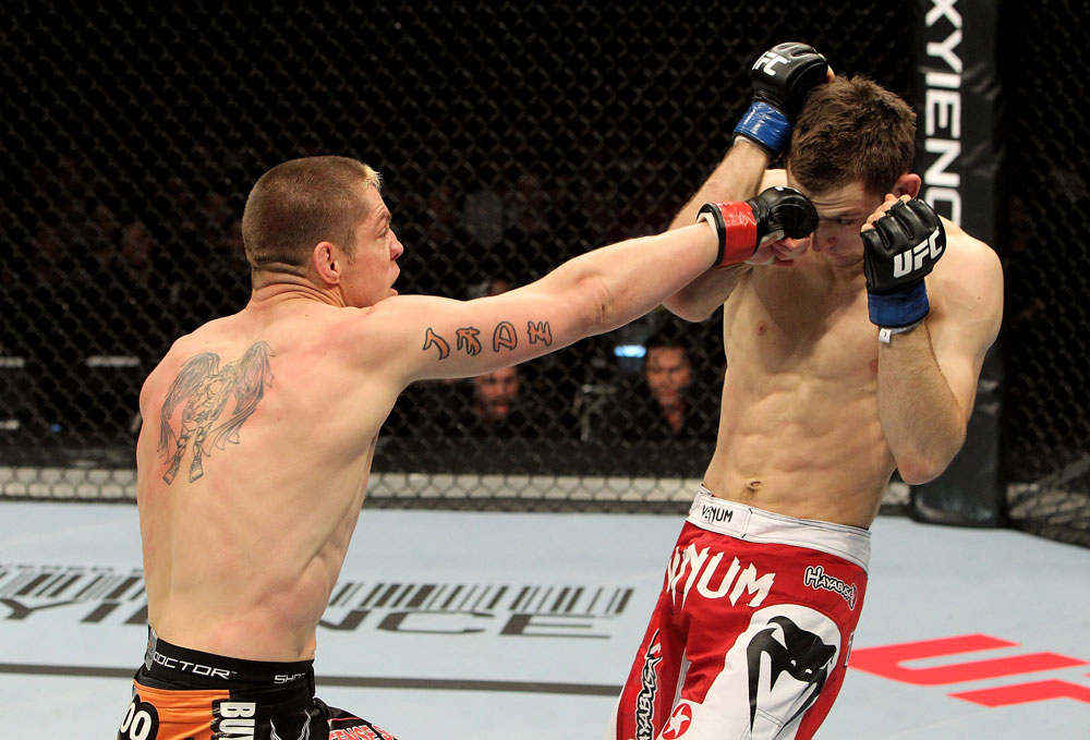 Duane Ludwig (L) of the USA fights Nick Osipczak of the United Kingdom during their UFC Welterweight bout at the Konig Pilsner Arena on November 13, 2010 in Oberhausen, Germany. (Photo by Josh Hedges/Zuffa LLC/Zuffa LLC)