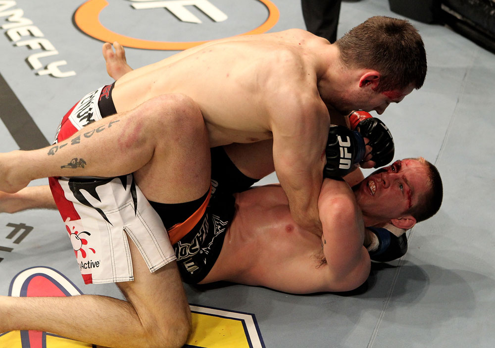 Duane Ludwig (R) of the USA fights Nick Osipczak of the United Kingdom during their UFC Welterweight bout at the Konig Pilsner Arena on November 13, 2010 in Oberhausen, Germany. (Photo by Josh Hedges/Zuffa LLC/Zuffa LLC)