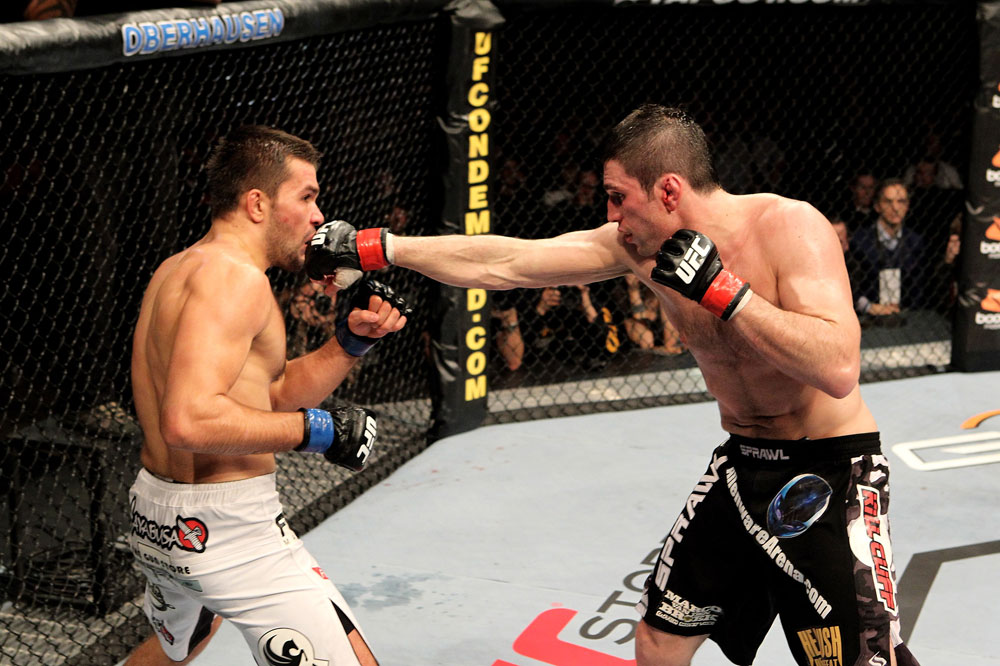 Amir Sadollah (R) of the USA fights Peter Sobatta of Germany during their UFC Welterweight bout at the Konig Pilsner Arena on November 13, 2010 in Oberhausen, Germany. (Photo by Josh Hedges/Zuffa LLC/Zuffa LLC)