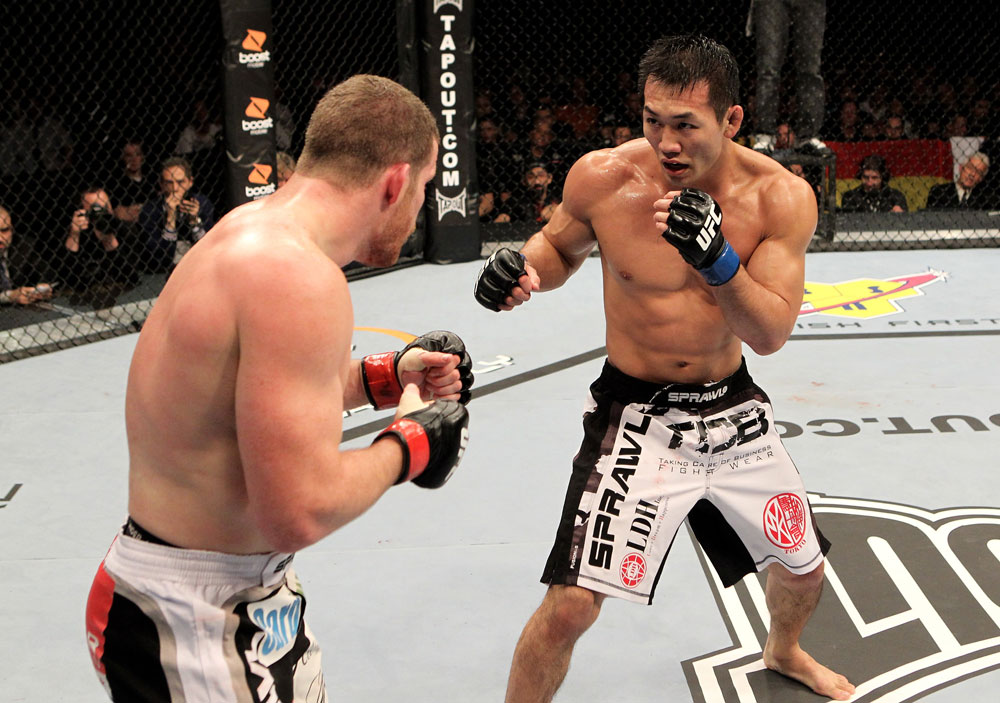 Nate Marquardt of the USA fights Yushin Okami (R) of Japan during their UFC Middleweight Championship Eliminator bout at the Konig Pilsner Arena on November 13, 2010 in Oberhausen, Germany. (Photo by Josh Hedges/Zuffa LLC/Zuffa LLC)