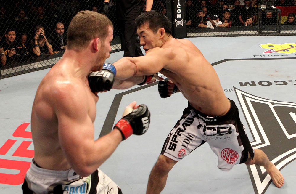 Nate Marquardt of the USA fights Yushin Okami (R) of Japan during their UFC Middleweight Championship Eliminator bout at the Konig Pilsner Arena on November 13, 2010 in Oberhausen, Germany. (Photo by Josh Hedges/Zuffa LLC/Zuffa LLC)