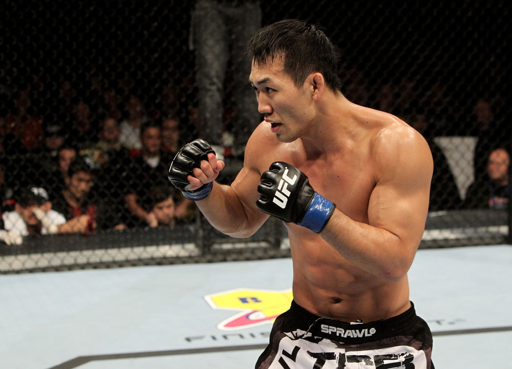 Yushin Okami of Japan in action during his UFC Middleweight Championship Eliminator bout at the Konig Pilsner Arena on November 13, 2010 in Oberhausen, Germany. (Photo by Josh Hedges/Zuffa LLC/Zuffa LLC via Getty Images)