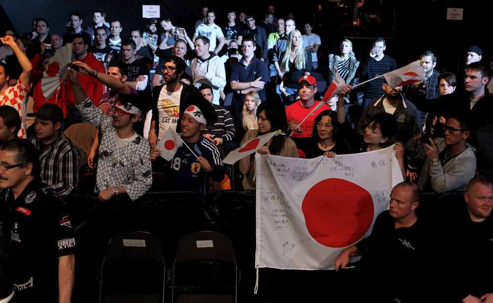 Japanese fans show their support for Yushin Okami of Japan during his UFC Middleweight Championship Eliminator bout at the Konig Pilsner Arena on November 13, 2010 in Oberhausen, Germany. (Photo by Josh Hedges/Zuffa LLC/Zuffa LLC via Getty Images)