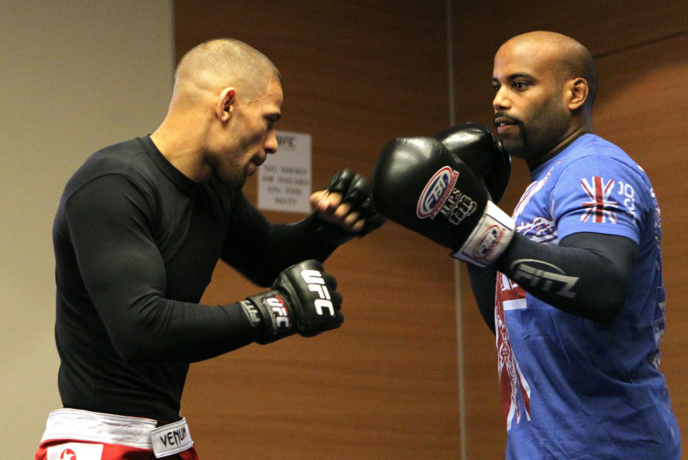 Andre Winner (L) works out with trainer Dean Amasinger at the UFC 122 open workouts at the Hilton Hotel on November 10, 2010 in Dusseldorf, Germany. (Photo by Josh Hedges/Zuffa LLC via Getty Images)