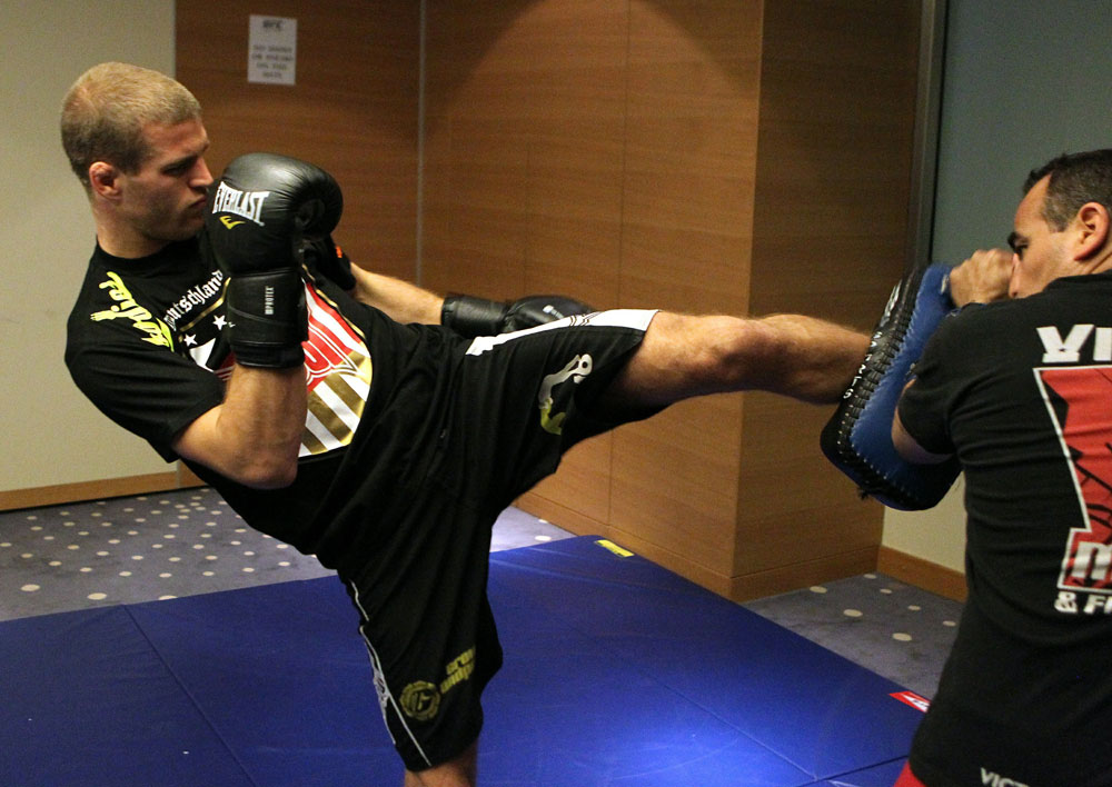 Pascal Krauss of Germany (L) works out at the UFC 122 open workouts at the Hilton Hotel on November 10,  2010 in Dusseldorf, Germany.  (Photo by Josh Hedges/Zuffa LLC via Getty Images)