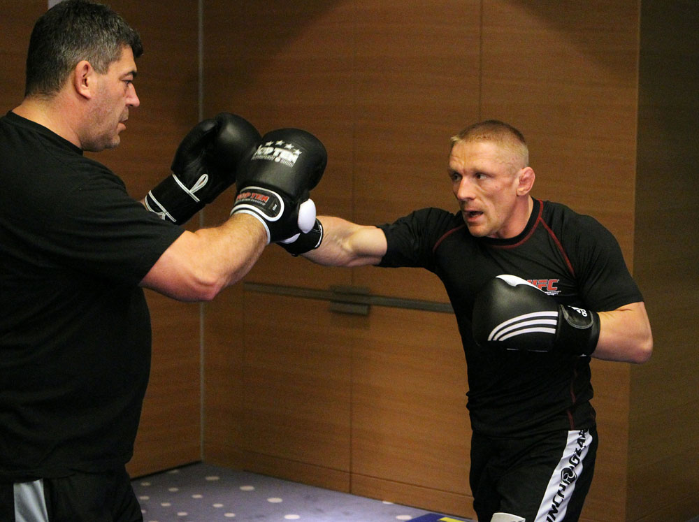 Dennis Siver of Germany (R) works out at the UFC 122 open workouts at the Hilton Hotel on November 10, 2010 in Dusseldorf, Germany. (Photo by Josh Hedges/Zuffa LLC via Getty Images)
