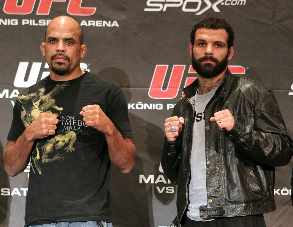 (L-R) Middleweight opponents Jorge Rivera and Alessio Sakara face off at the UFC 122 pre-fight press conference at the Hilton Hotel on November 11,  2010 in Dusseldorf, Germany.  (Photo by Josh Hedges/Zuffa LLC/Zuffa LLC via Getty Images)
