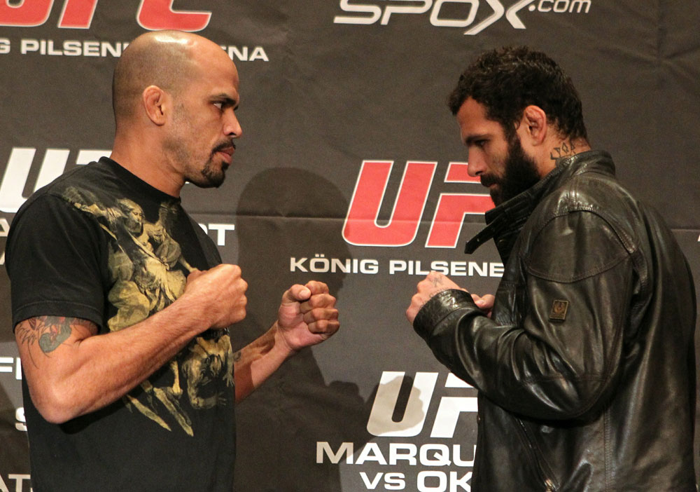 (L-R) Middleweight opponents Jorge Rivera and Alessio Sakara face off at the UFC 122 pre-fight press conference at the Hilton Hotel on November 11,  2010 in Dusseldorf, Germany.  (Photo by Josh Hedges/Zuffa LLC/Zuffa LLC via Getty Images)