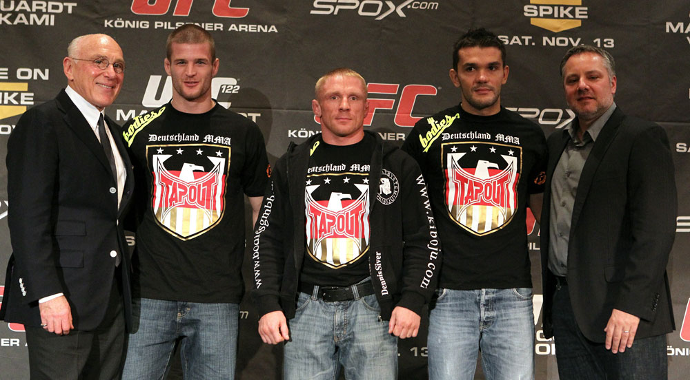 (L-R) German Promoter Marek Lieberberg, German fighters Pascal Krauss, Dennis Siver, Peter Sobotta, and UFC UK President Marshall Zelaznik at the UFC 122 pre-fight press conference.
