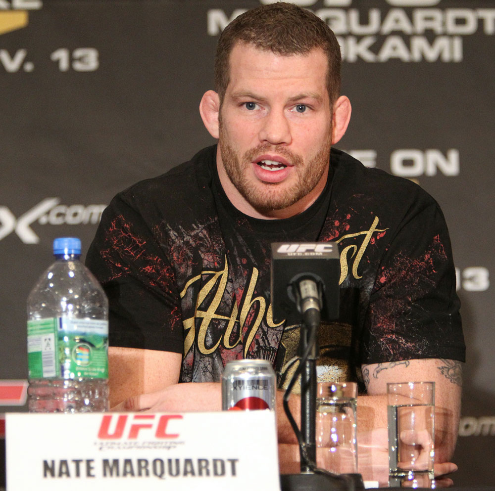 Nate Marquardt speaks at the UFC 122 pre-fight press conference at the Hilton Hotel on November 11,  2010 in Dusseldorf, Germany.  (Photo by Josh Hedges/Zuffa LLC/Zuffa LLC via Getty Images)