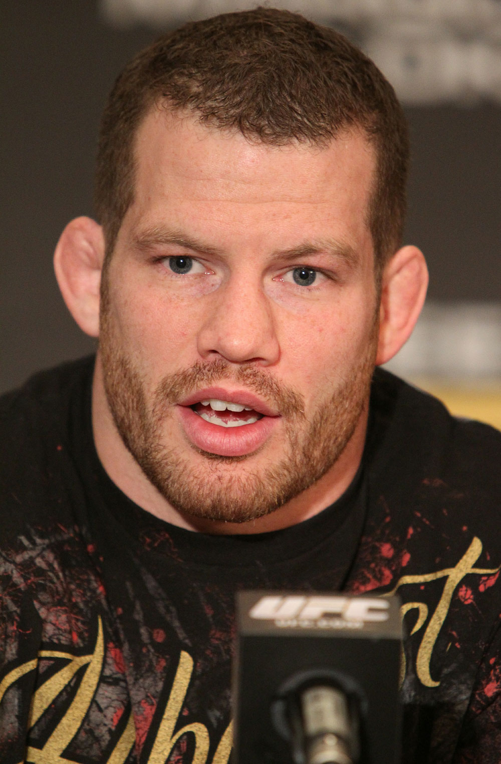 Nate Marquardt speaks at the UFC 122 pre-fight press conference at the Hilton Hotel on November 11,  2010 in Dusseldorf, Germany.  (Photo by Josh Hedges/Zuffa LLC/Zuffa LLC via Getty Images)