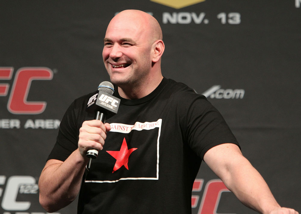 UFC President Dana White answers questions from the fans before the UFC 122 weigh-in at the Koenig Pilsener Arena on November 12, 2010 in Oberhausen, Germany. (Photo by Josh Hedges/Zuffa LLC/Zuffa LLC via Getty Images)