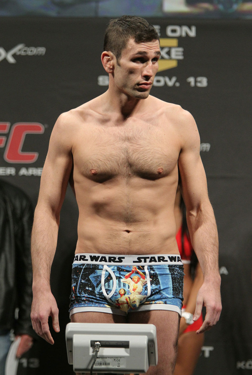 Amir Sadollah of United States weighs in at 170 lbs at the UFC 122 weigh-in at the Koenig Pilsener Arena on November 12, 2010 in Oberhausen, Germany. (Photo by Josh Hedges/Zuffa LLC/Zuffa LLC via Getty Images)