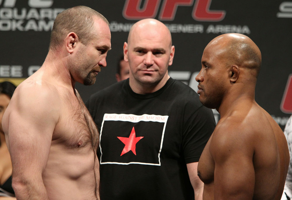 Light Heavyweight opponents Vladimir Matyushenko (L) and Alexandre Ferreira (R) face off as UFC President Dana White looks on at the UFC 122 weigh-in at the Kšnig Pilsener Arena on November 12, 2010 in Oberhausen, Germany. (Photo by Josh Hedges/Zuffa LLC/Zuffa LLC via Get