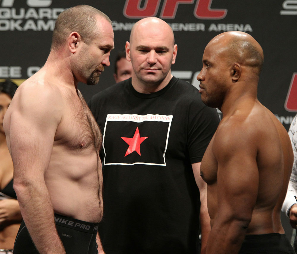 Light Heavyweight opponents Vladimir Matyushenko (L) and Alexandre Ferreira (R) face off as UFC President Dana White looks on at the UFC 122 weigh-in at the Kšnig Pilsener Arena on November 12, 2010 in Oberhausen, Germany. (Photo by Josh Hedges/Zuffa LLC/Zuffa LLC via Get