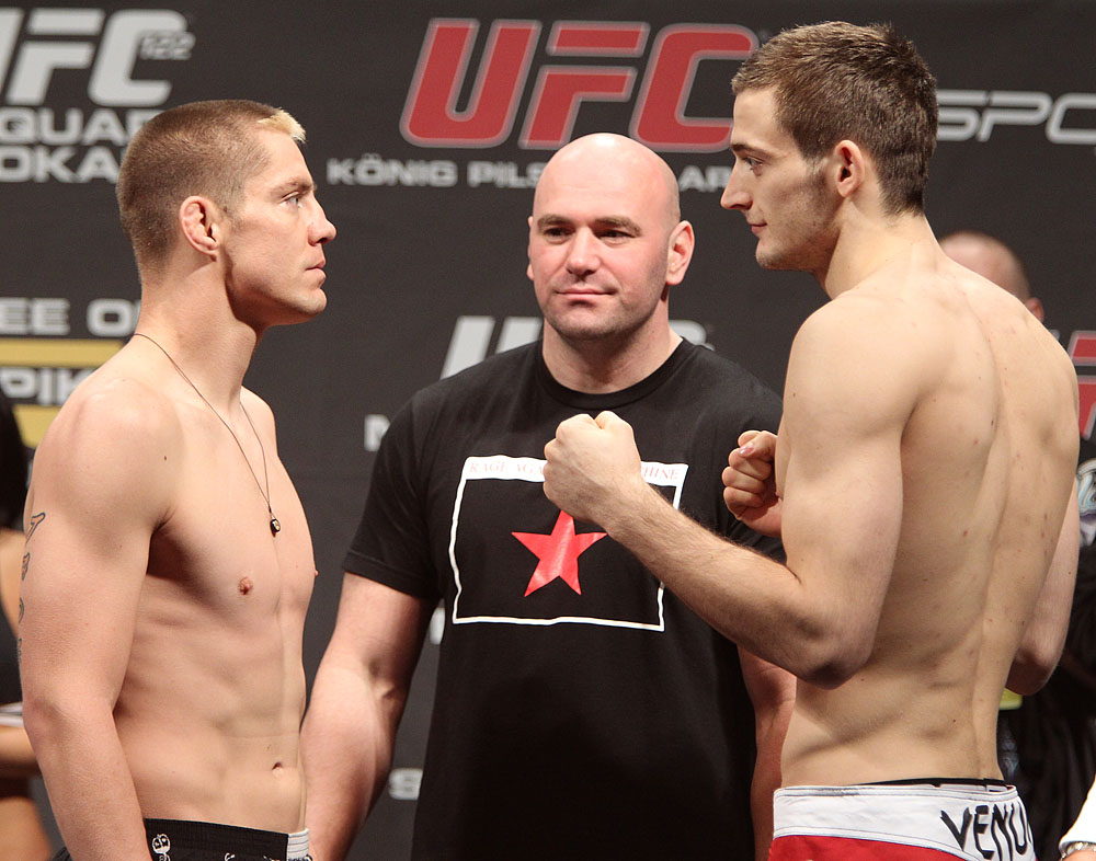 (L-R) Ludwig vs. Osipczak at the UFC 122 weigh-in at the K&scaron;nig Pilsener Arena on November 12,  2010 in Oberhausen, Germany.  (Photo by Josh Hedges/Zuffa LLC/Zuffa LLC via Getty Images)