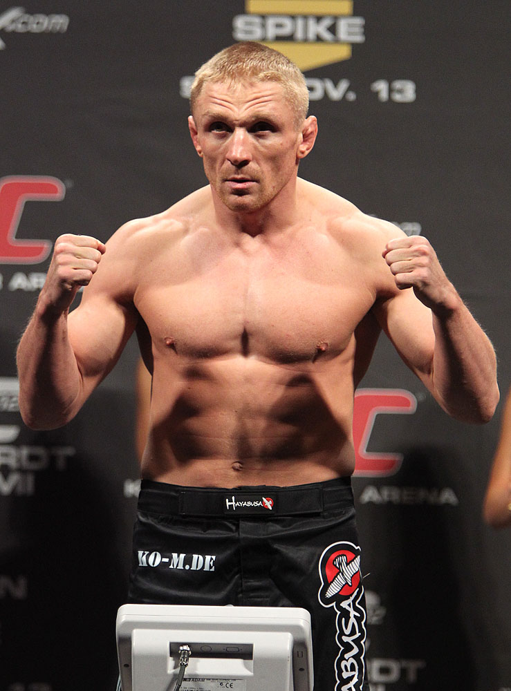 Dennis Siver weighs in at the UFC 122 weigh-in at the Kšnig Pilsener Arena on November 12, 2010 in Oberhausen, Germany. (Photo by Josh Hedges/Zuffa LLC/Zuffa LLC via Getty Images)